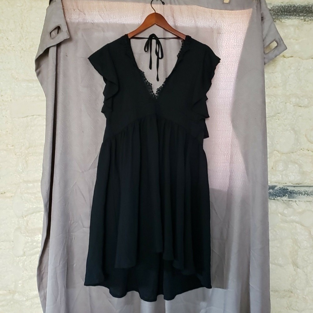 SheIn Curve Dress Womens 3XL Black Solid Short Sleeve V Neck Ruffle Sundress